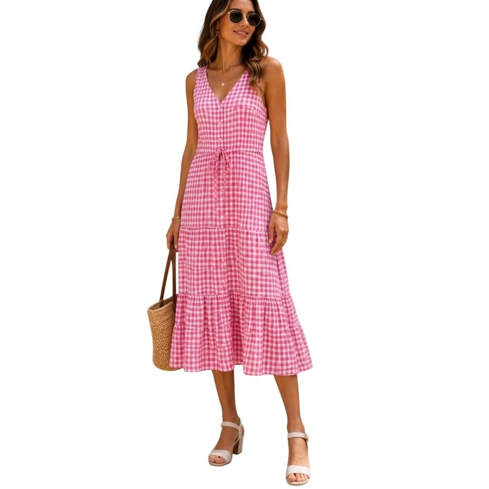 Chaps Gingham Check Tiered Ruffle Midi Dress Small Pink Cotton Cottage Prairie - Picture 1 of 12